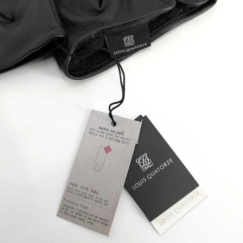 Louis Quatorze Black Sheepskin Leather Gloves Silver Logo Hardware NWT‎
